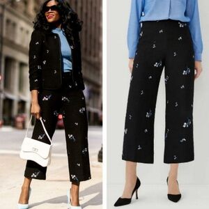 Ann Taylor Kate Side Zip Wide Leg Crop Pant Floral Embroidered Tweed Black Sz 8